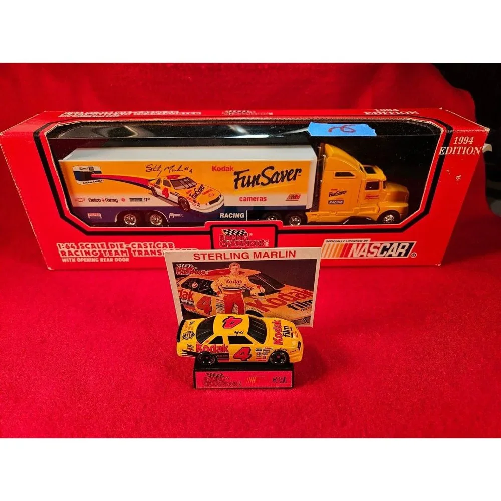 STERLING MARLIN NASCAR TRANSPORTER BUNDLE w/MATCHING STOCKCAR & PLAYER‎ CARD